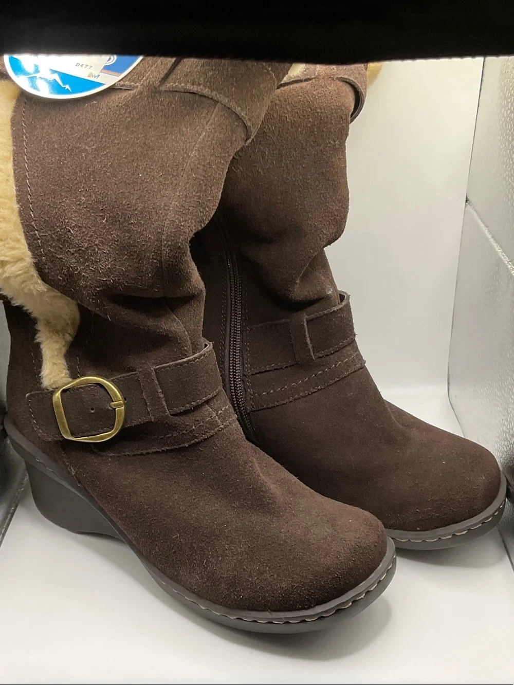 Women's Brown Suede Fur Winter Boots w/Buckle, damage on inside zipper, size 8